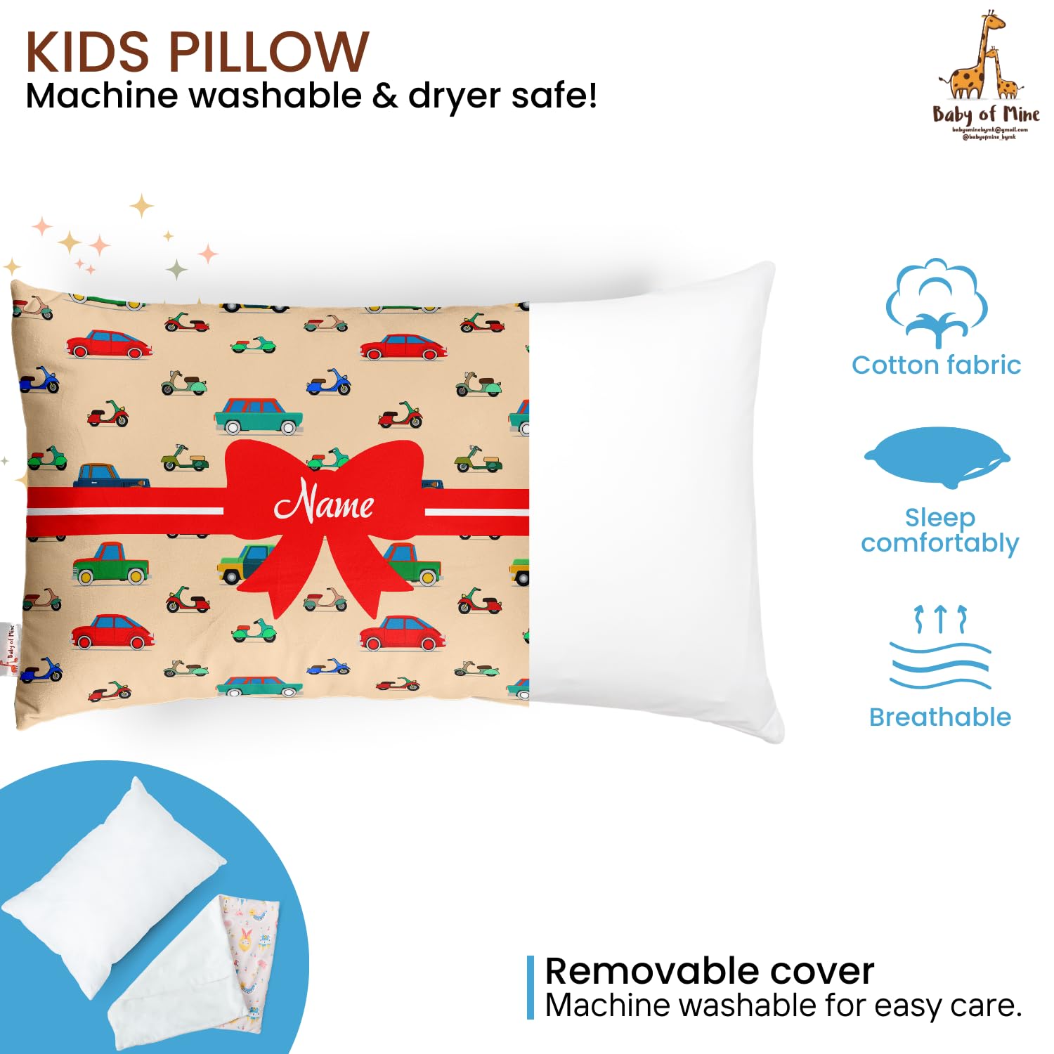 Personalized Pillow For Kids, Super Soft Cotton Kids Cushion - 12 X 18 Inches | Custom Name, For 5 Years Old Kids, Adorable Prints | For Head, Neck Support Baby Pillow - Pillow 03