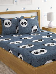 Elastic Fitted Kids Panda Double Bedsheet 2 King Size Pillow Covers, Grey (90x92 Inches) | Lightweight, Soft & Breathable - Perfect For Gifting Bedsheet