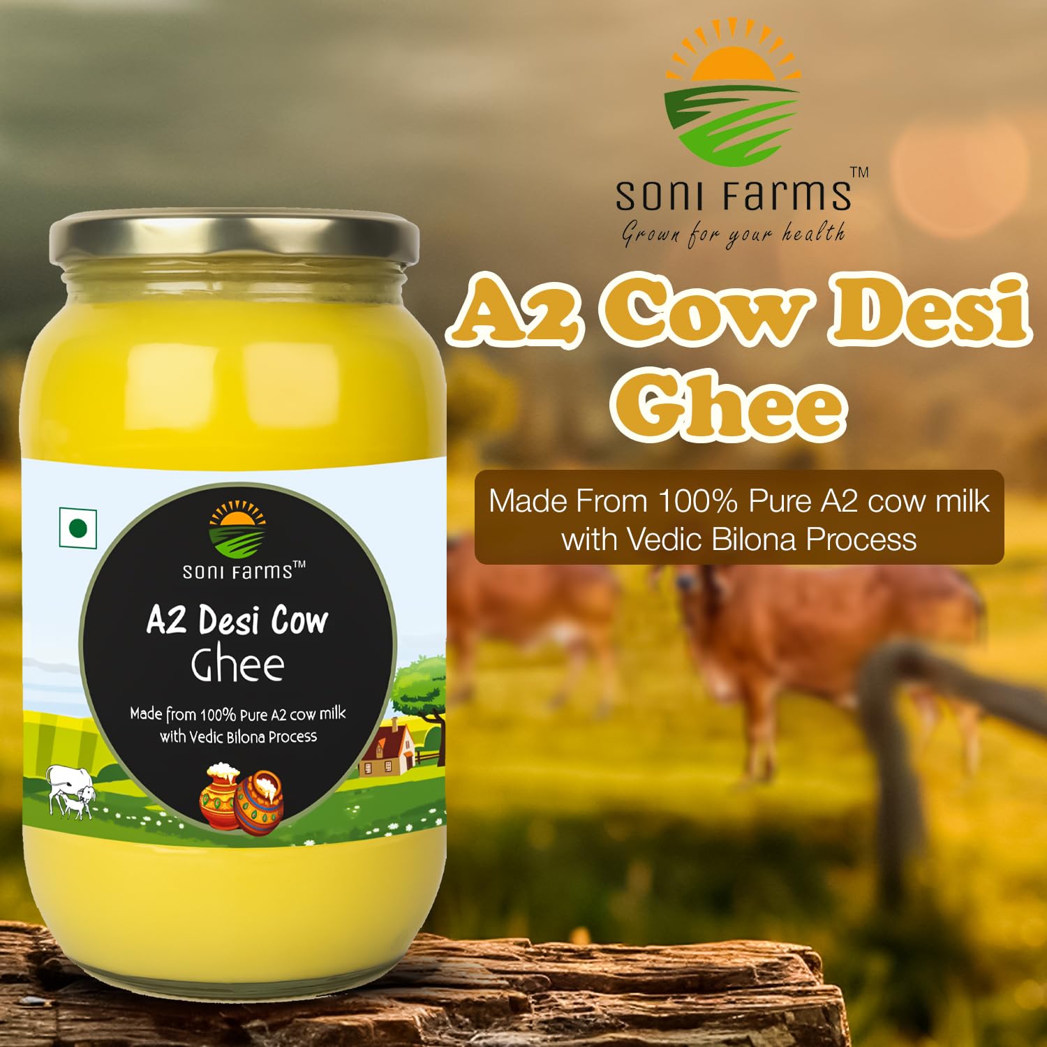 100% Pure 2 Cow Desi Ghee By Soni Farms | Traditional Bilona Method Healthy Pure Desi Ghee Good For Frying | (1 Litre) 33.8 Ounce | Jar Pack