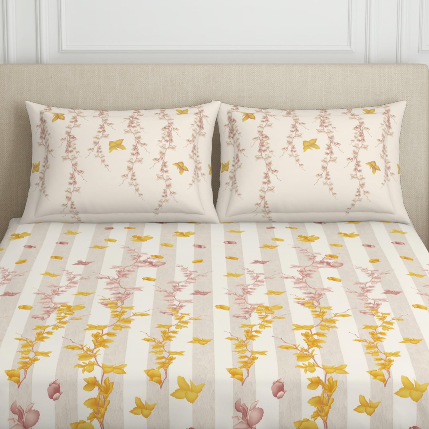 Double Bedsheet With 2 Pillow Covers (Size 88 X 100 Inch) Cream & White | Breathable Pure Cotton Queen Size Bedsheet | Floral Design Bedsheet