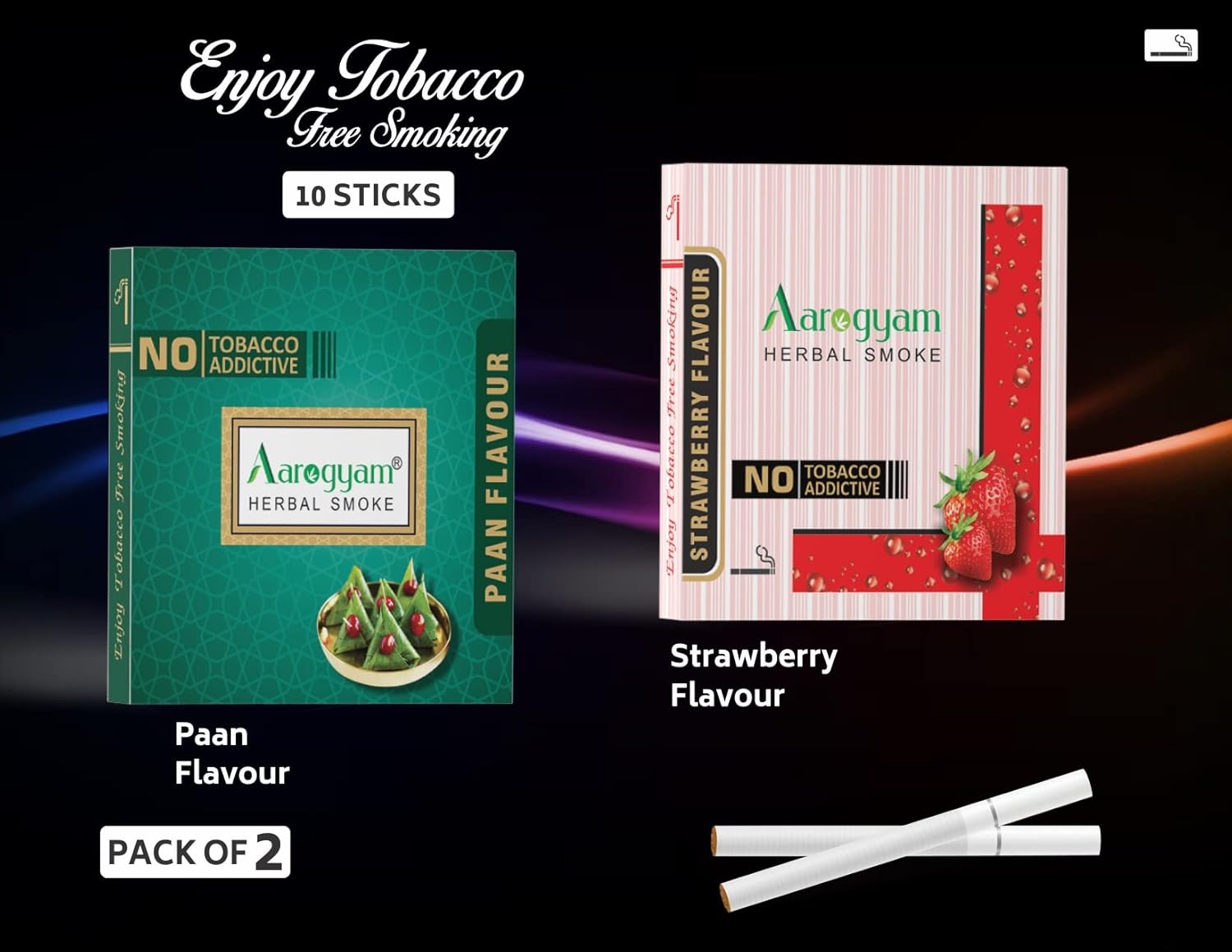 Aarogyam Herbals Pack Of 2 Flavours 100% Tobacco & Nicotine Free Cigarette For Relieve Stress & Mood Enhance Product Paan, Strawberry - 10 Sticks X 2 Packets