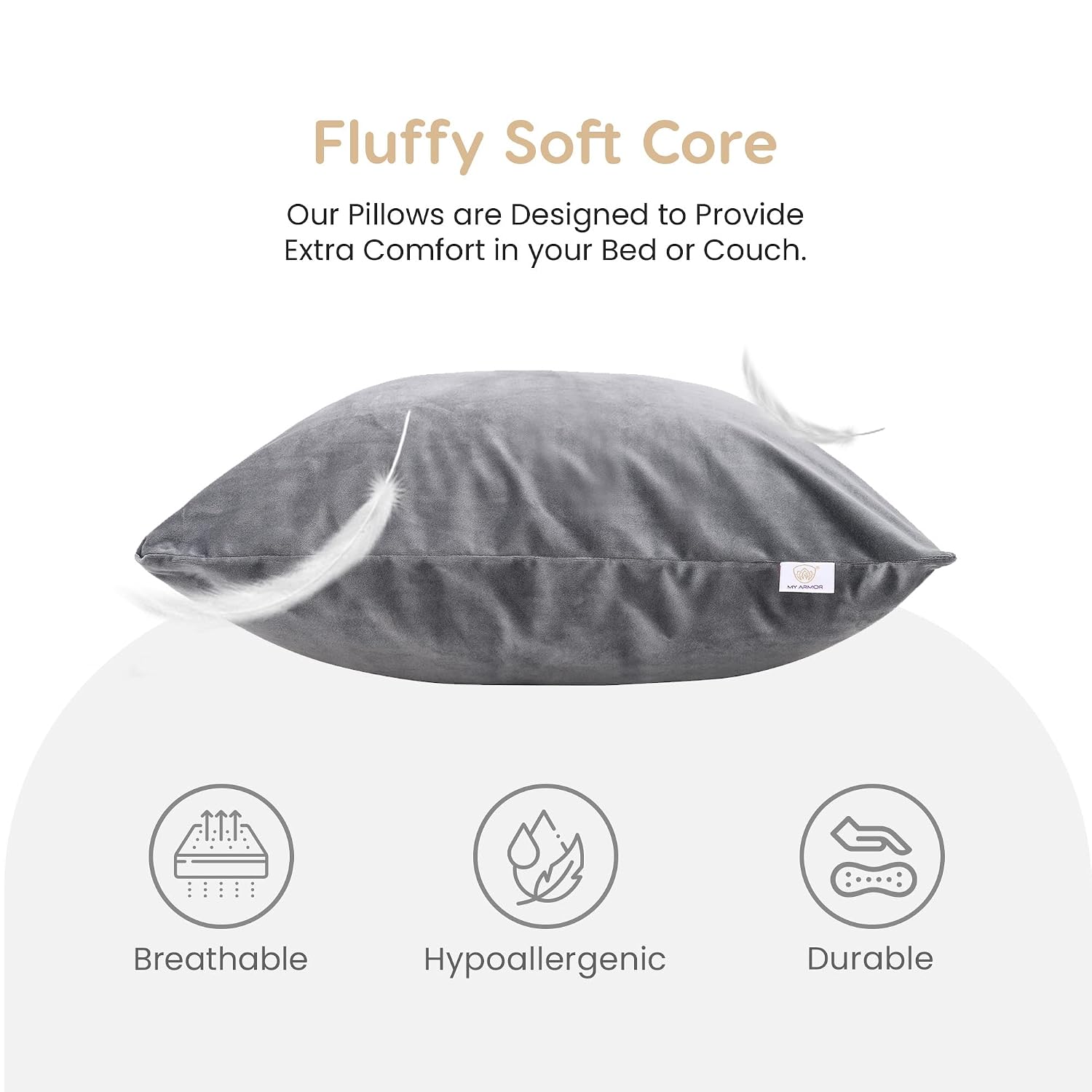 Microfiber Square Soft Pillow Cushion For Sofa & Bed, Grey - 16 X 16 Inch | Fluffy For Comfort & Back Support | Hypoallergenic, Washable | Premium Velvet Outer Cover With Zip - Pack Of 5