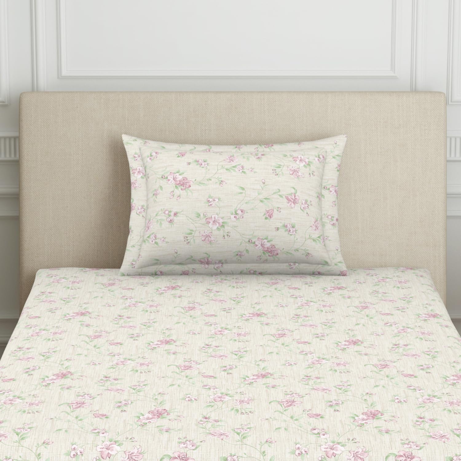 Polycotton Bedsheet For Single Bed With 1 Pillow Cover - 60 X 88 Inches, Beige | Skin Safe & Super Soft Small Size Bedsheet - 120 Thread Count