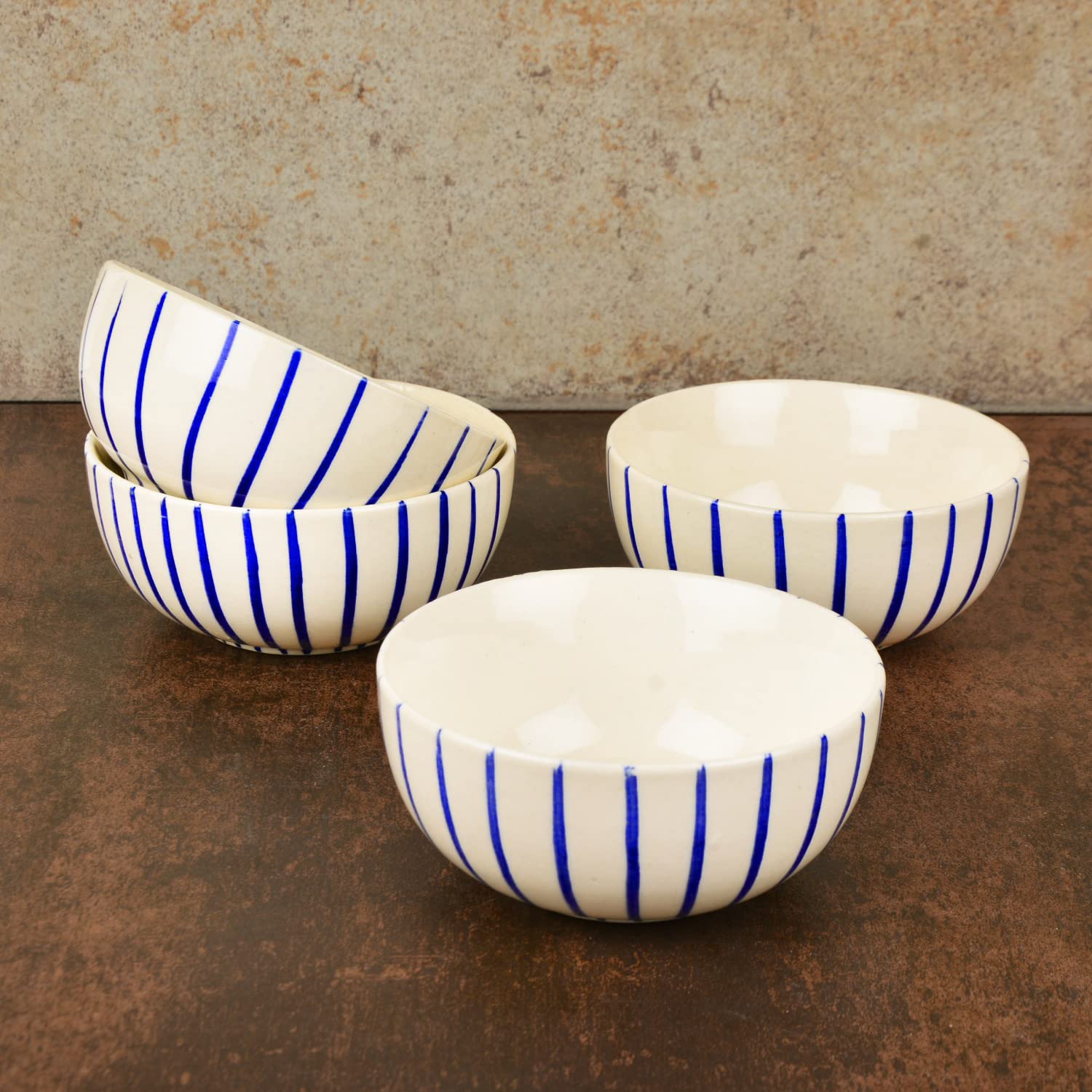 Ceramic Striped Dinner Bowls Set Of 4 - White & Blue, Diameter – 4 Inches, 220ml Each | Ceramic Bowls For Curries Or Lentils - Katoris