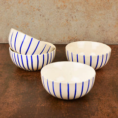 Ceramic Striped Dinner Bowls Set Of 4 - White & Blue, Diameter – 4 Inches, 220ml Each | Ceramic Bowls For Curries Or Lentils - Katoris