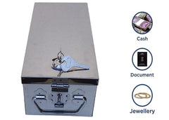 Stainless Steel Locker Boxes, Jewellery Boxes, Check Book Box, Cash Box, Bank Locker Box, Peti Size - 8 Inch Cash Box With Pre Fited Lock & 2 Key, Colour - Silver