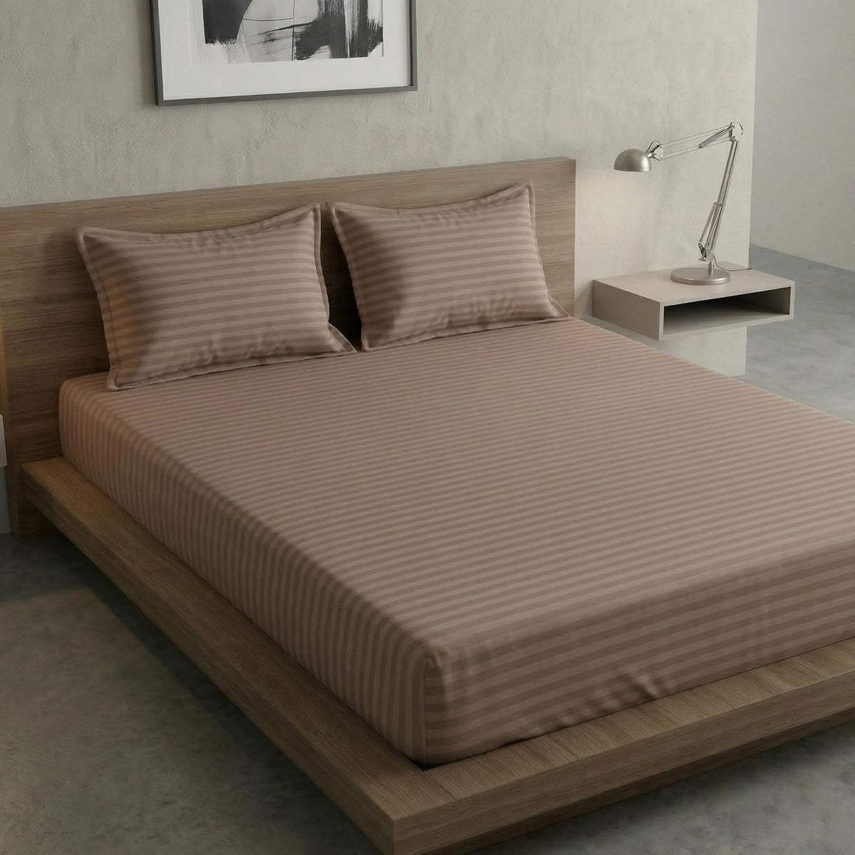 Beige Stripe Elastic Fitted Double Bedsheet (72x78 Inches) With 2 Pillow Covers | Soft To Touch & Comfortable | 300 Thread Count
