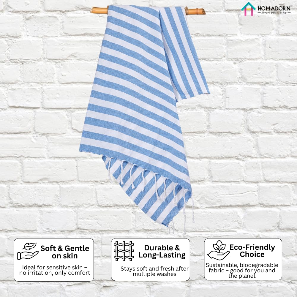 Homadorn 100% Cotton Striped Fouta Bath Towels 1400 Gsm | Soft Quick Dry & Absorbent Hand-Knotted Tassels | Turkish Hamam Towel (Blue - White)- Pack Of 4