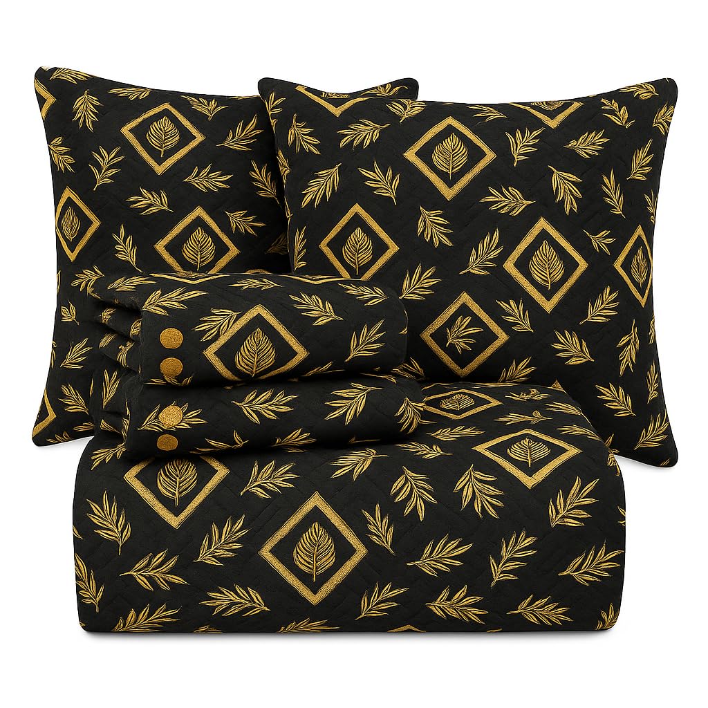 Bedding Set With 1 Pc Bedsheet, 2 Pc Cushion With Zip, 2 Pc Pillow Covers | 90 X 100 Inches, Black & Beige - Soft, Breathable, & Lightweight For All-Season Comfort