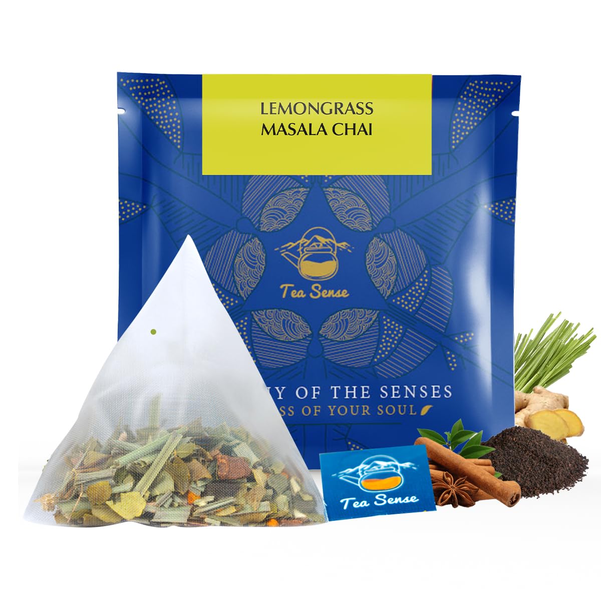 Tea Sense Lemongrass Masala Chai - 15 Pyramid Tea Bags | Assam CTC, Ginger, Cardamom, Clove, Cinnamon, Nutmeg, Black Pepper - Aromatic Chai Patti, High Caffeine | Zesty Spicy Blend