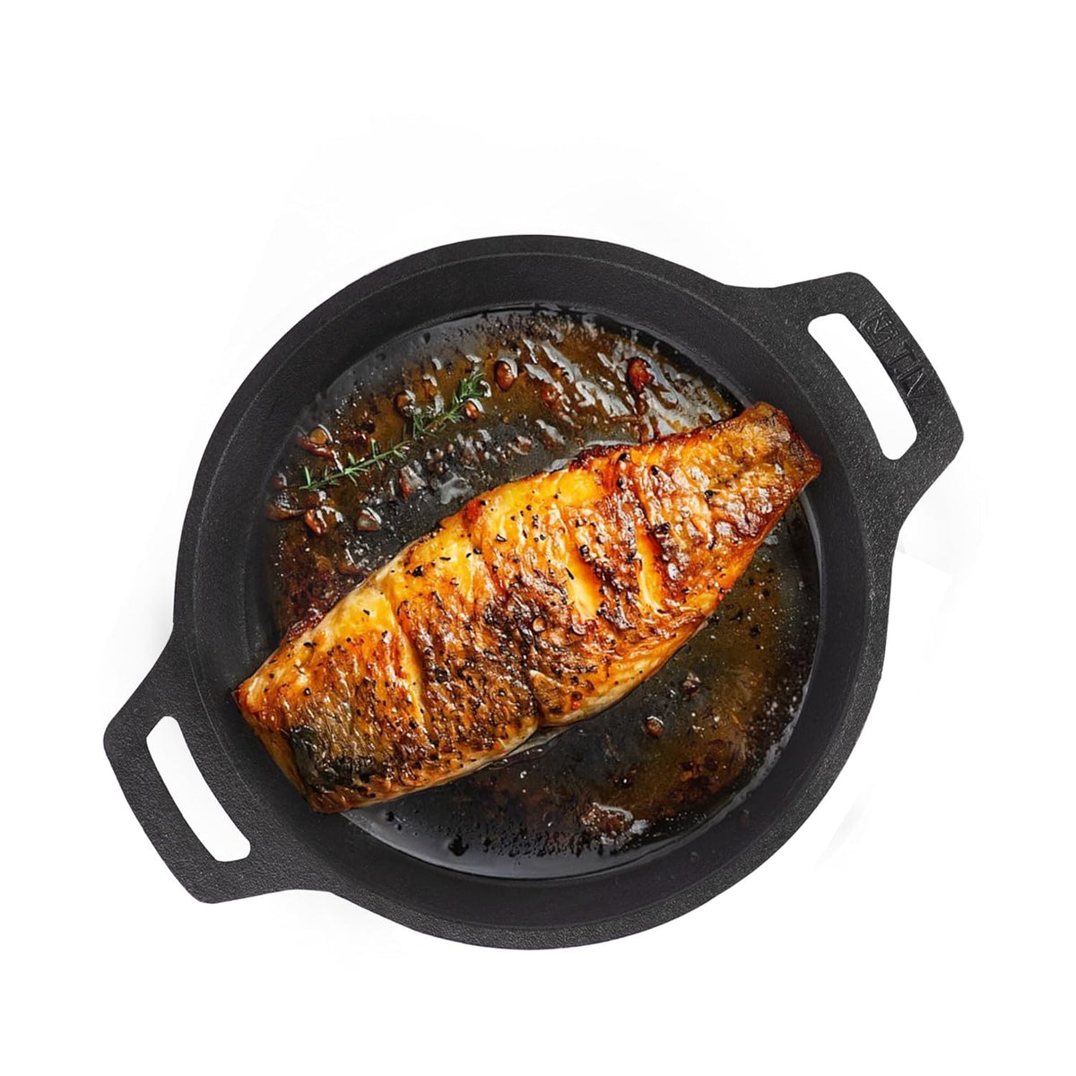 Pre-Seasoned Black Cast Iron Fish Fry Pan With Double Handle - Medium 22.4 Cm, 8.8 Inch, 1.5 Kg | Induction Friendly, Nonstick Fish Fry Pan, 100% Pure & Toxin Free, No Chemical Coating