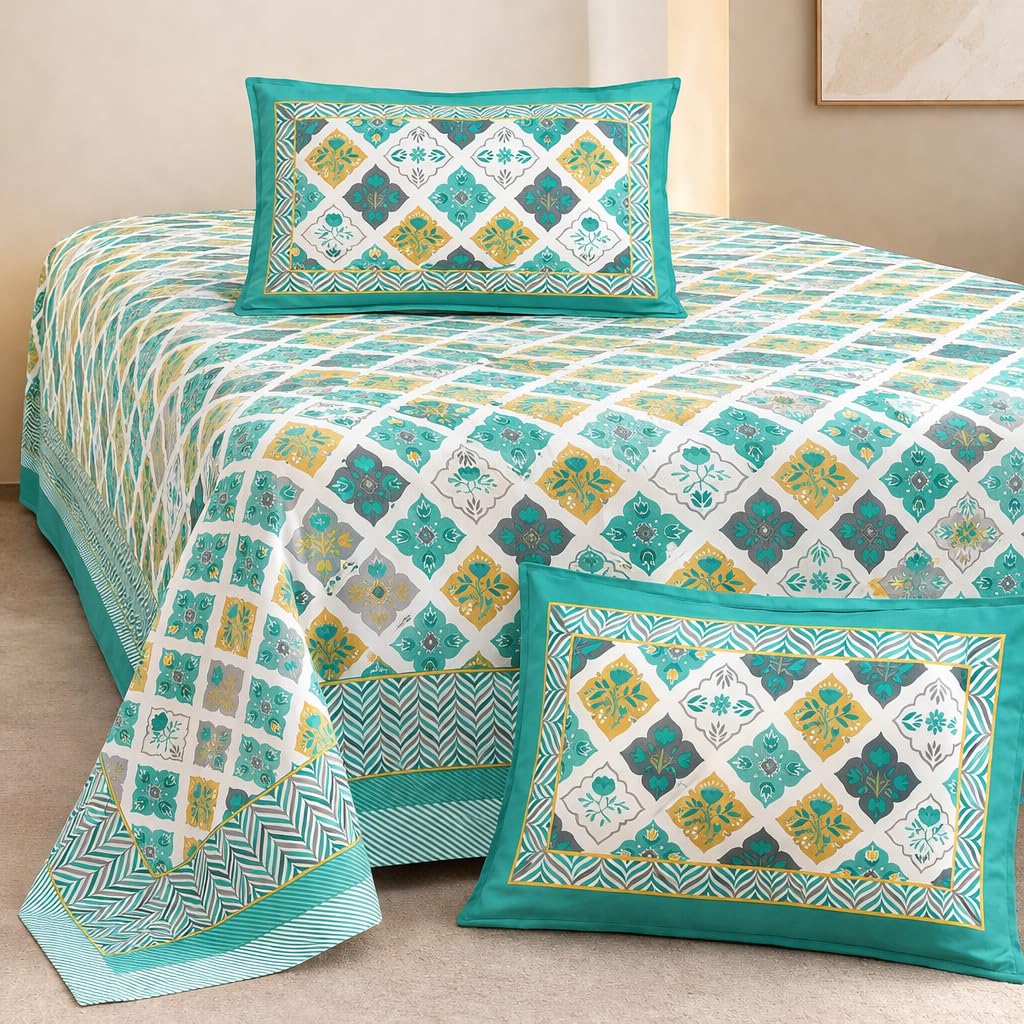 Pure Cotton Double Bedsheet For King Size With 2 Pillow Covers | 90 X 108 Inches, Sea Green & White | Ultra-Soft & Skin-Safe | Breathable Summer Comfort