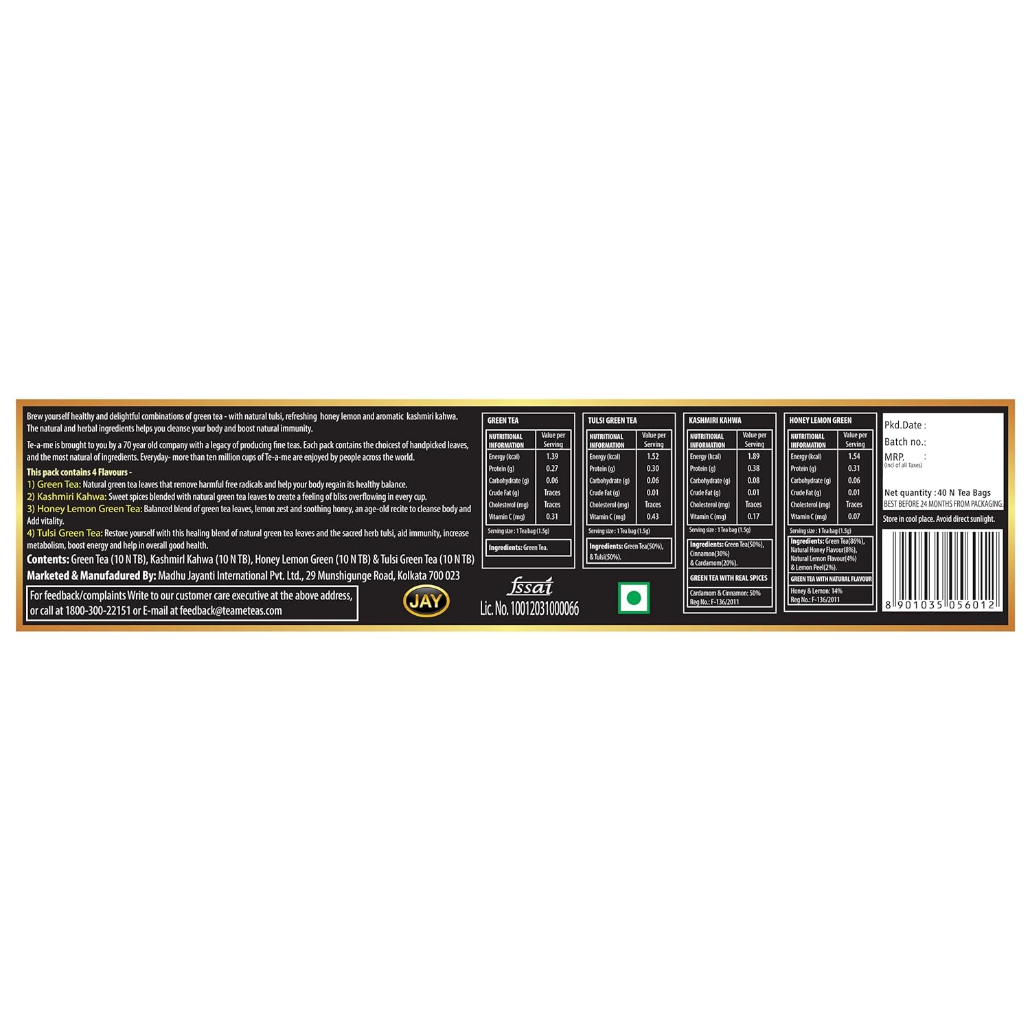 TE-A-ME Assorted Green Tea Bags - Pack Of 40 Tea Bags | Kashmiri Kahwa+ Tulsi+ Green Tea+ Honey Lemon Green Tea Bags - Contains Caffeine