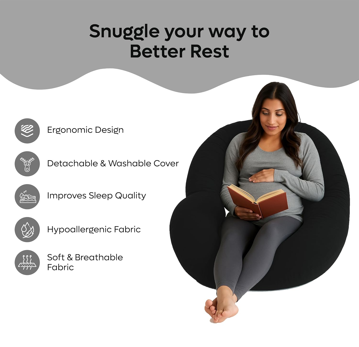 C Shape Pregnancy Pillows For Sleeping, Maternity Support, Soft Pillow, Grey | Multipurpose Pillow For Back, Hips, Legs, Belly Support With Removable Washable Velvet Cover, Full-Body Support