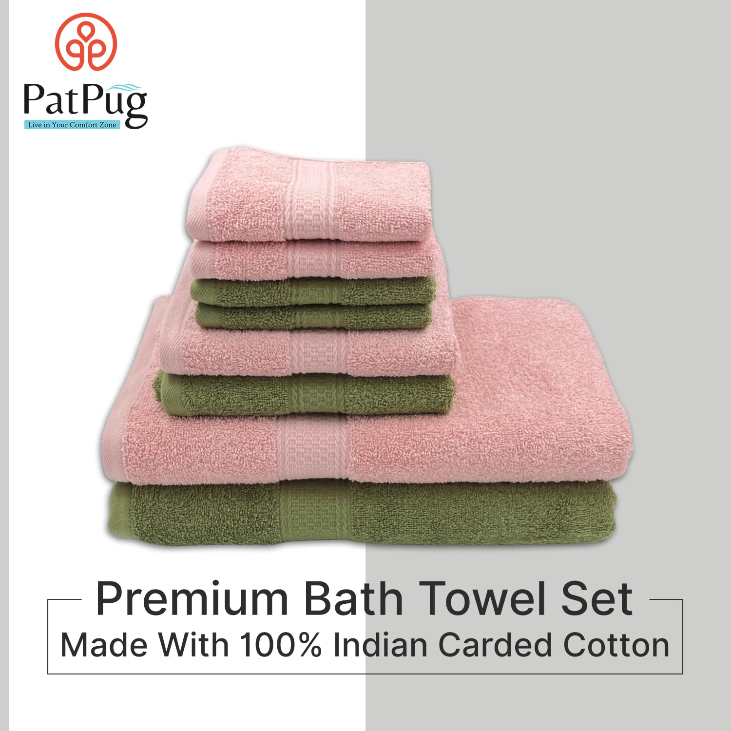 Patpug 100% Indian Cotton Plush Towel Set 2000 Gsm | Highly Absorbent, Fade Resistant, Quick Drying 2 Bath, 2 Hand & 4 Face Towel (Olive Green & Baby Pink) - 8 Piece