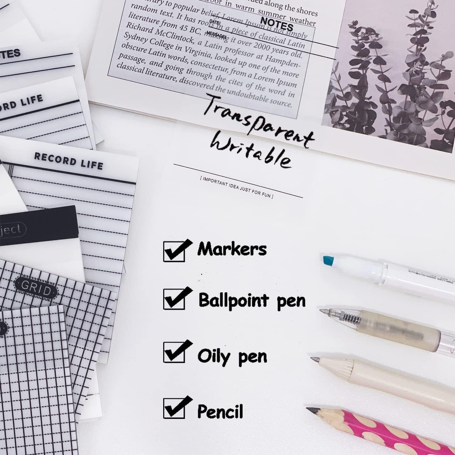 Transparent Sticky Notes, Clear Waterproof Self Adhesive, Memo Pads Record Life, Ruled, 50 Sheets