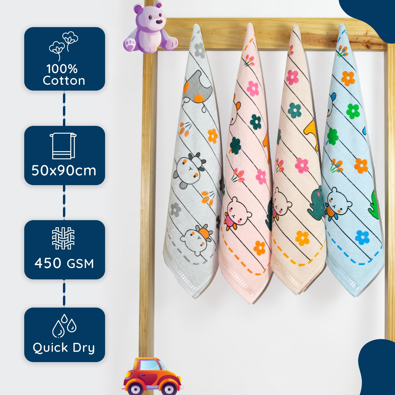 Rangoli 100% Cotton Baby Bath Towel 1200 Gsm | Super Soft & Highly Absorbent, Anti-Bacterial, Multipurpose Towels (Multicolor) - Pack Of 4
