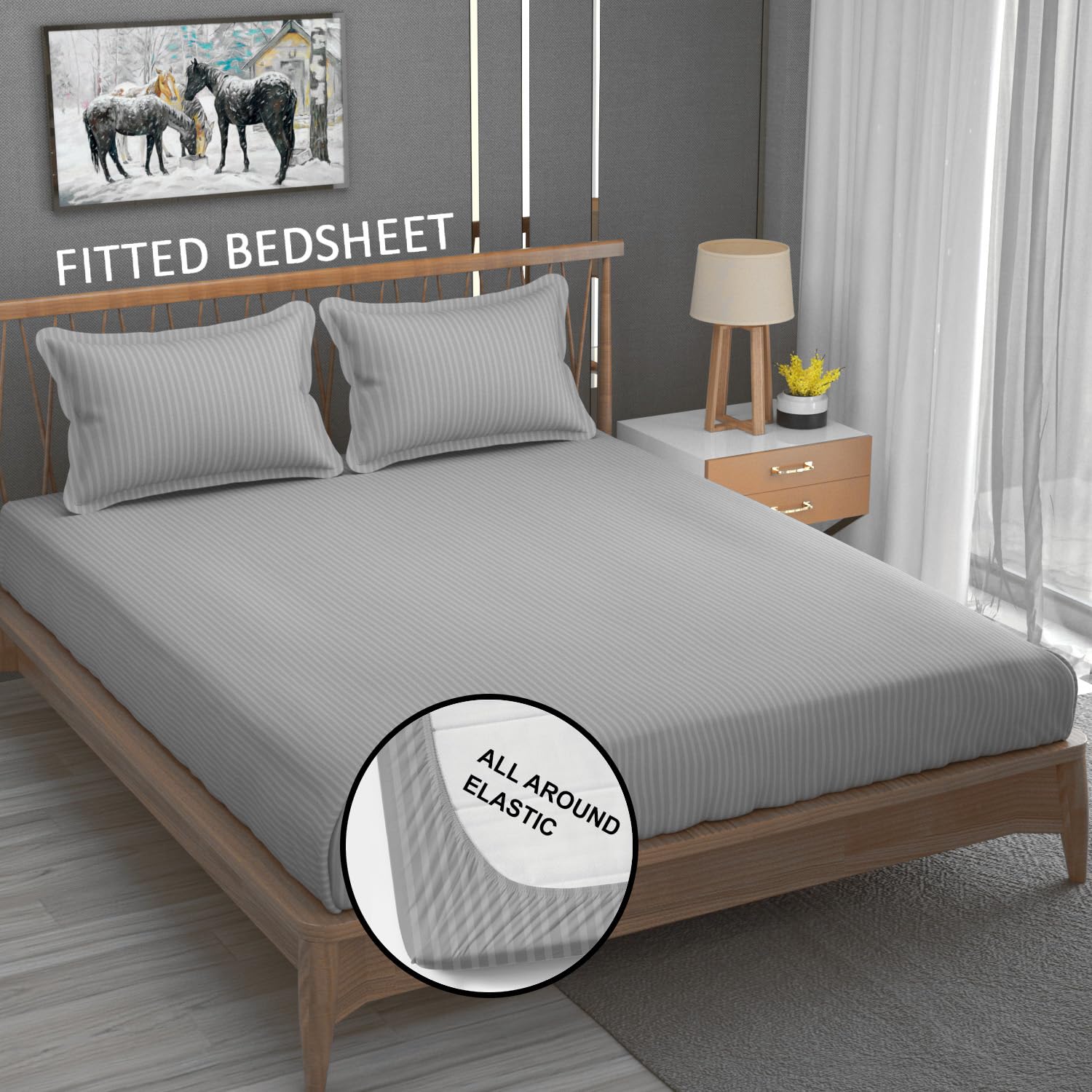 Cotton Elastic Fitted King Size Double Bed Bedsheet With 2 Pillow Covers - 72x78x6 Inches, Silver | Durable Bedsheets For Everyday Comfort