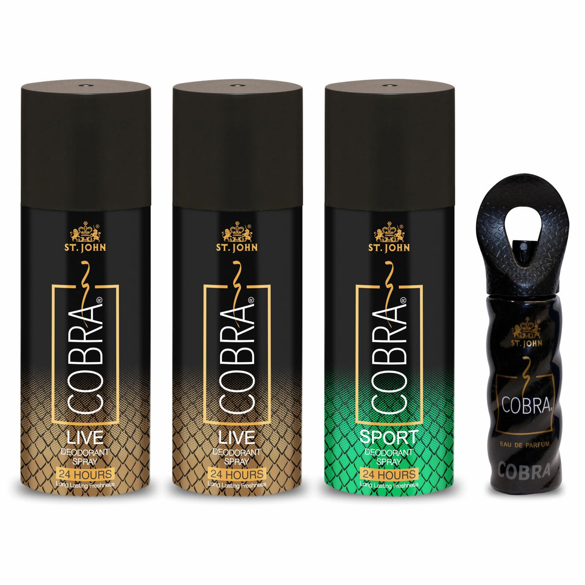 St. john Cobra Live + Live , Sports Deodorants Spray 450ml 15.2 Fl.oz. & Cobra Eau De Perfume 15ml 0.5 Fl.oz. | Perfect Unisex Dailywear Perfume