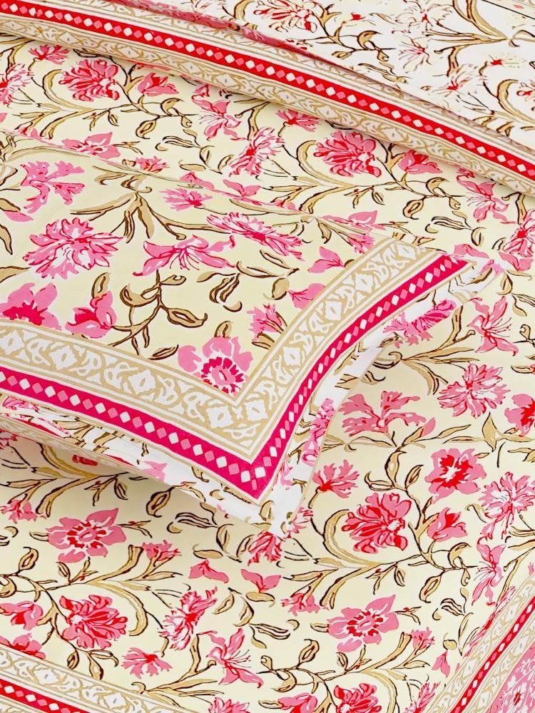 Traditional Rajasthani Design Bedsheet With 2 Pillow Covers - 90 X 108 Inches, Yellow & Pink | Color Fade Resistant & Shrinkage Resistant For All-Season Use