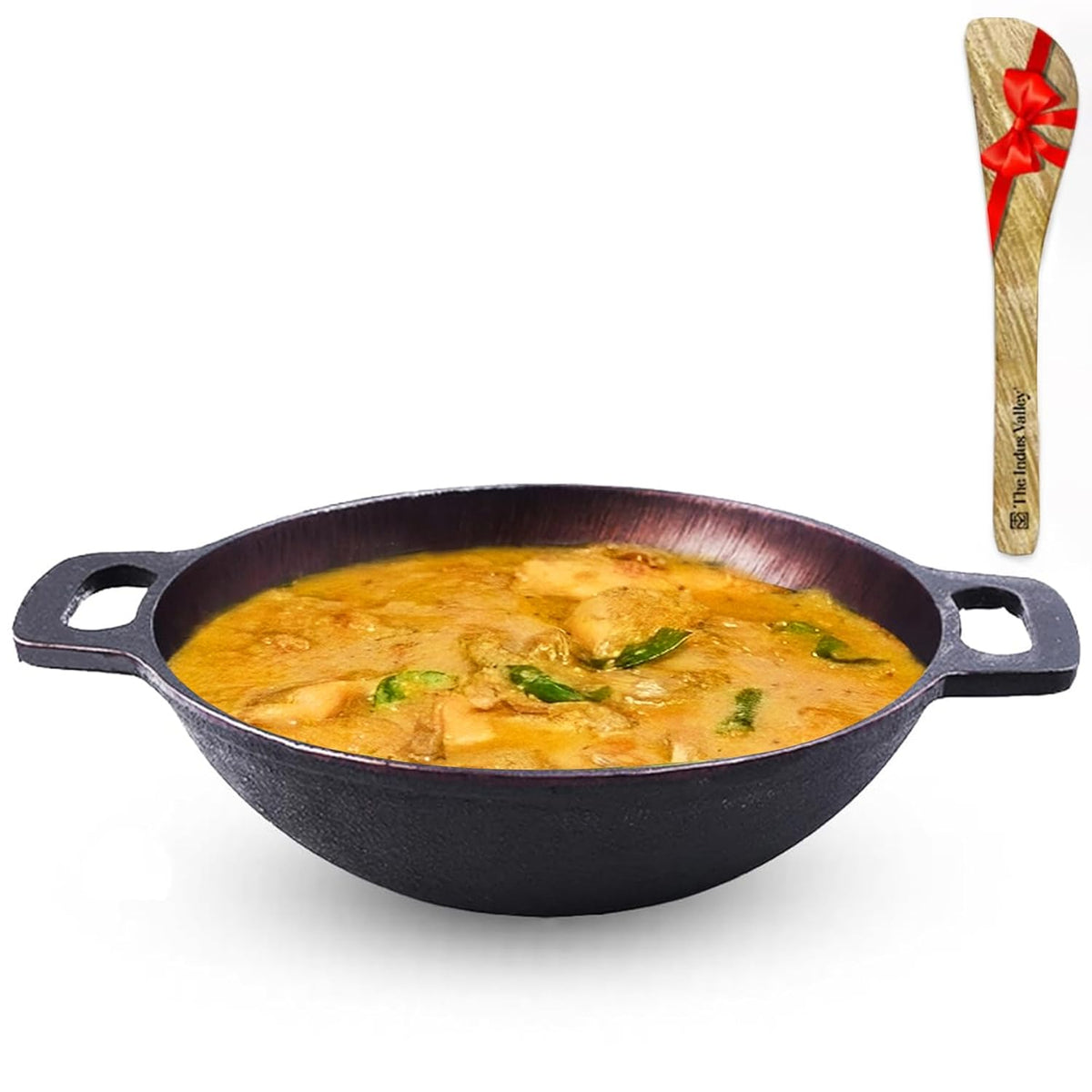 Super Smooth Black Cast Iron Kadai With Free Wooden Spatula - Medium, 25.4cm, 10 Inch, 2.5 Liters, 2.4 Kg | Naturally Nonstick, Pre-Seasoned Kadhai, 100% Pure & Toxin-Free, No Chemical Coating