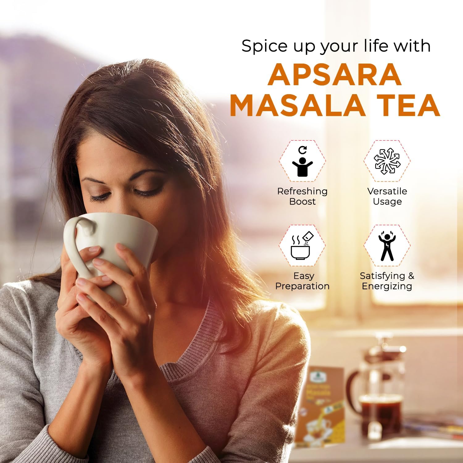 Apsara Instant Premix Masala Chai - 10 Sachets | Ready To Drink, Masala Tea Powder - Masala Chai Enriched With 100% Natural Ingredients | Ginger, Cardamom, Black Pepper, Clove, Cinnamon & Nutmeg