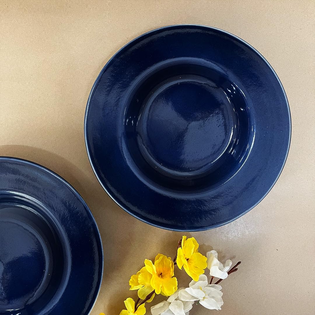 Sapphire Blue Ceramic Pasta Plates - 2 Pieces | Handcrafted Multi Purpose Ceramic Deep Plates, Snack Plates, Starter Plates - 9 Inch, Microwave Safe & Dishwasher Safe