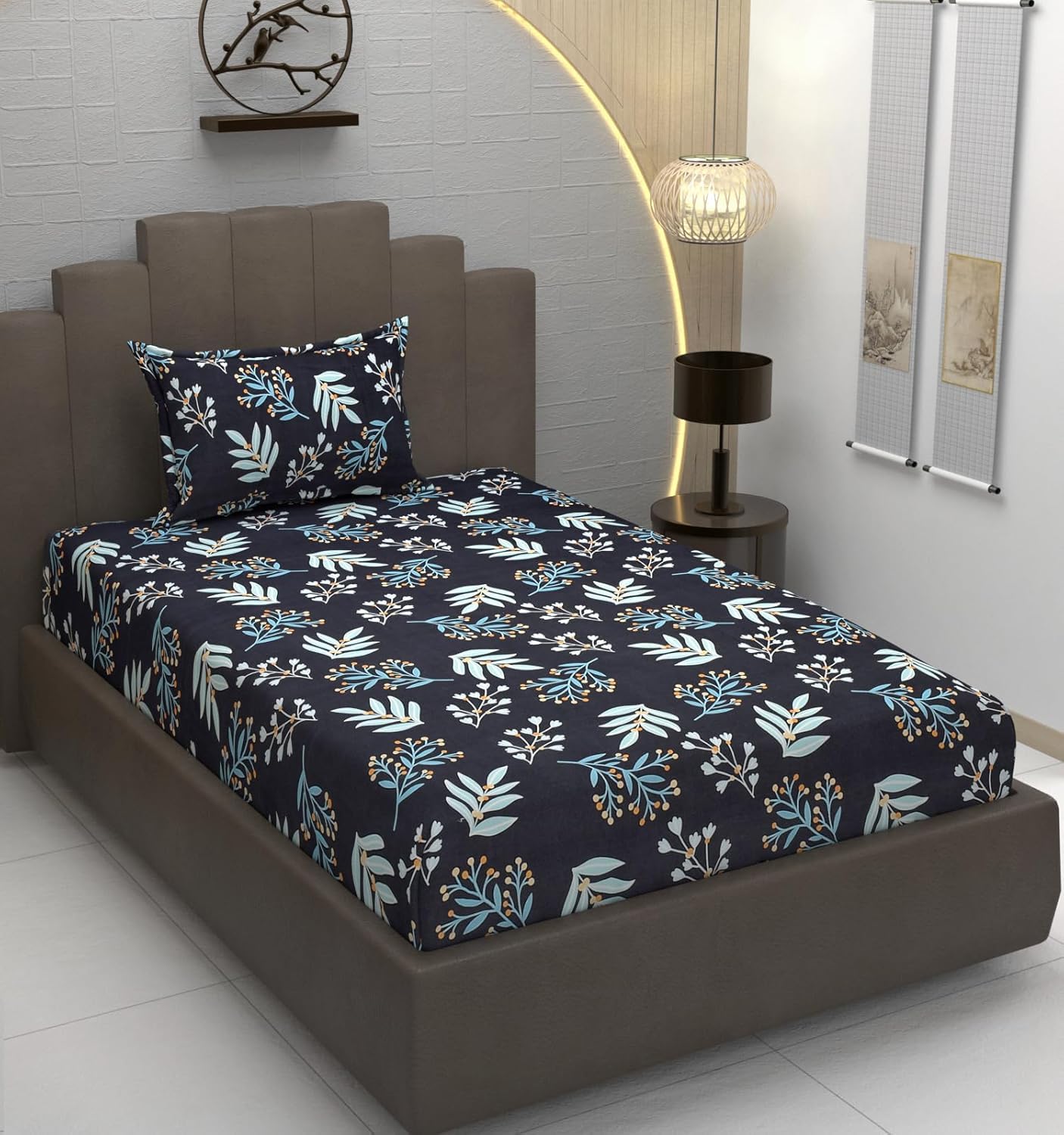 Glace Cotton Single Bedsheet Elastic Fitted With 2 Pillow Cover - 48x78x8 Inches, Black & Blue | Soft Touch To Skin | Perfect Ideal For House, Hotel, Guest House Bedsheet