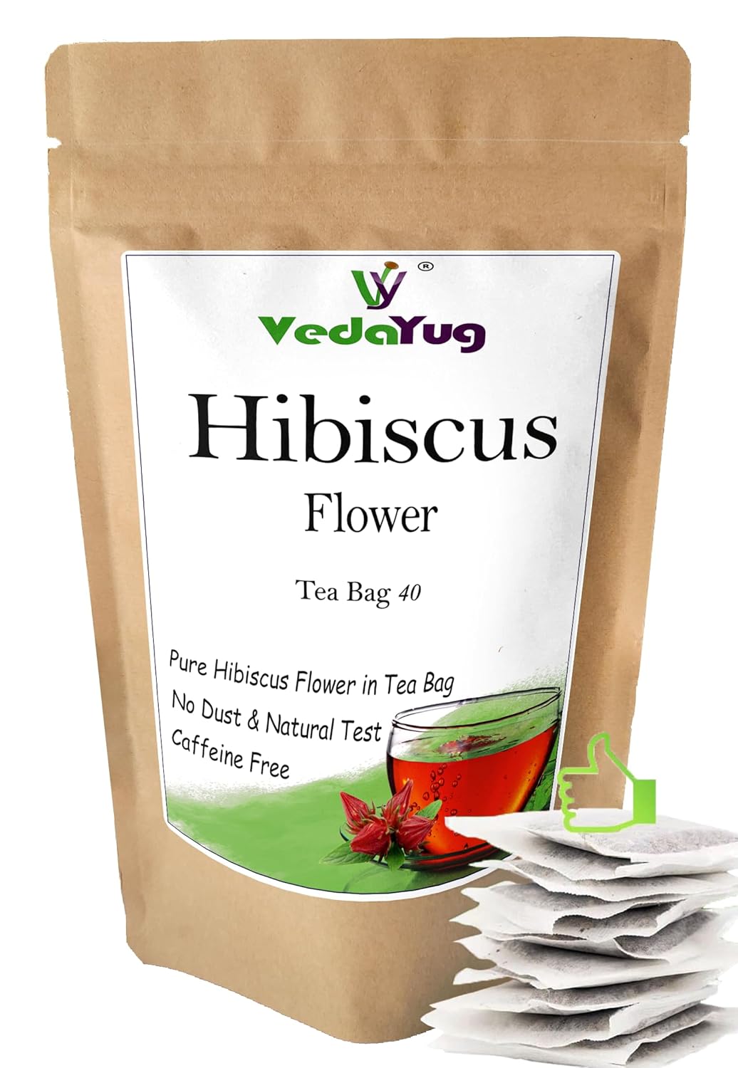 VedaYug Hibiscus Flower Herbal Tea - 40 Tea Bags, 85gm, 2.9 Ounce | Hibiscus Flowers In Filter Paper Tea Bags - Caffeine Free, No Additives | Resealable Zipper Pouch