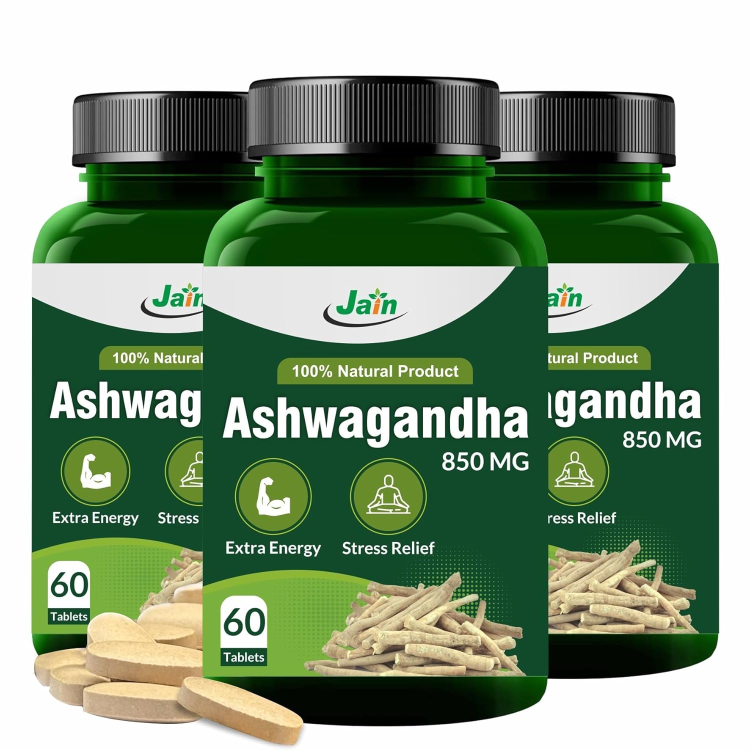 Jain Ashwagandha Tablets, 850mg Extra Energy, Stress Relief, Improves Sleep, Reduces Sugar, 100% Natural | 60 Capsules 100gm 0.2lbs Each Pack Of 3