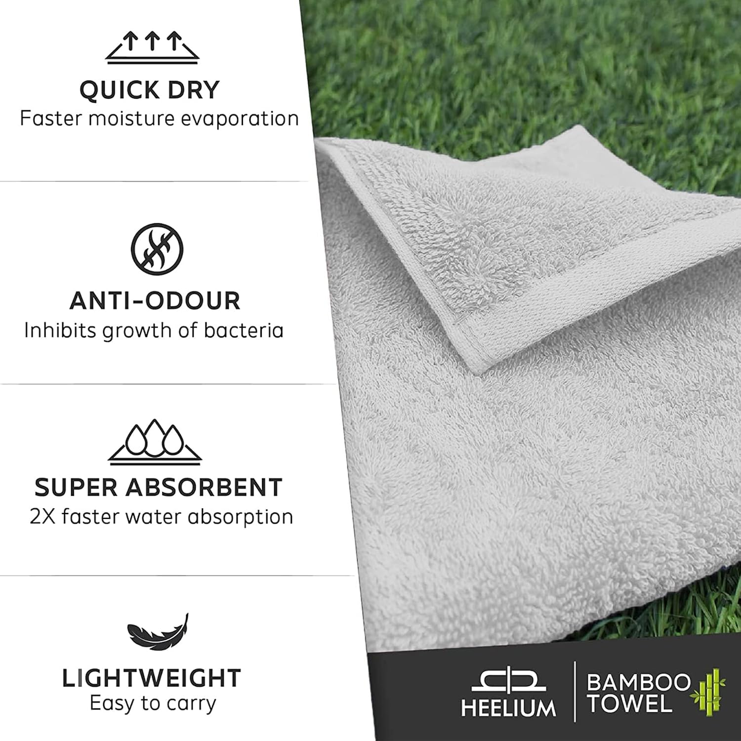 Heelium Bamboo Hand Towel 600 Gsm | Ultra Absorbent & Anti-Bacterial 3x Softer Than Cotton Towels | Pack Of 2 - Light Grey