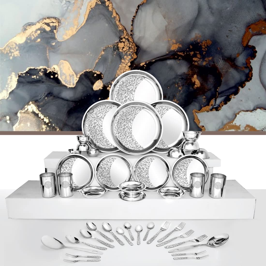 Stainless Steel Delight Dinner Set Of 42 Pieces, Silver | 4 Dinner Plates+ 4 Side Plates+ 4 Glasses+ 12 Bowls+ 1 Basting Spoon+ 1 Rice Spoon+ 4 Dessert Spoons+ 8 Fork+ 4 Tea Spoons