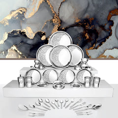 Stainless Steel Delight Dinner Set Of 42 Pieces, Silver | 4 Dinner Plates+ 4 Side Plates+ 4 Glasses+ 12 Bowls+ 1 Basting Spoon+ 1 Rice Spoon+ 4 Dessert Spoons+ 8 Fork+ 4 Tea Spoons