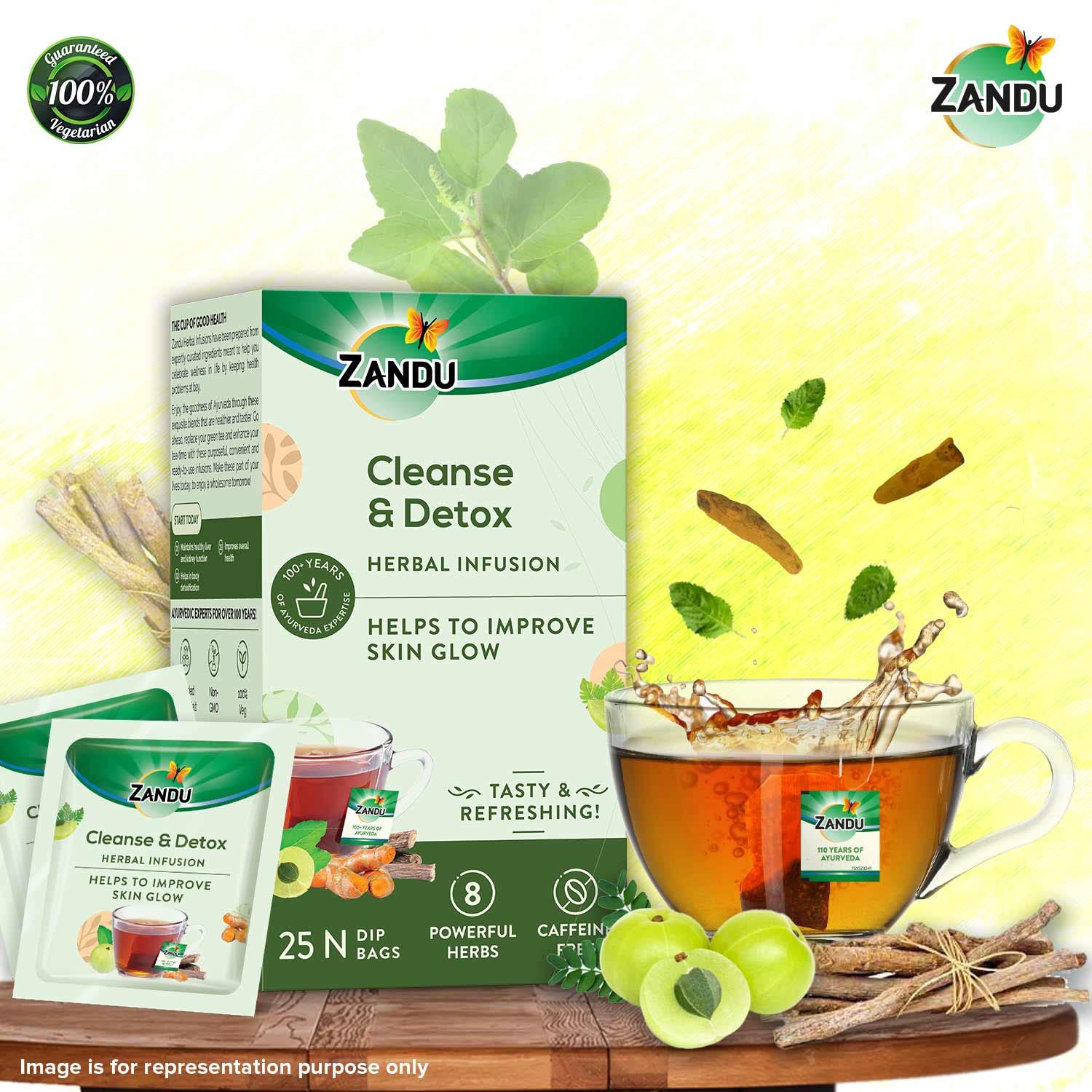 Zandu Cleanse & Detox Herbal Infusion Green Tea - 25 Tea Bags | Helps Improve Skin Glow & Detoxifies The Body - Enriched With 8 Powerful Herbs | Caffeine Free