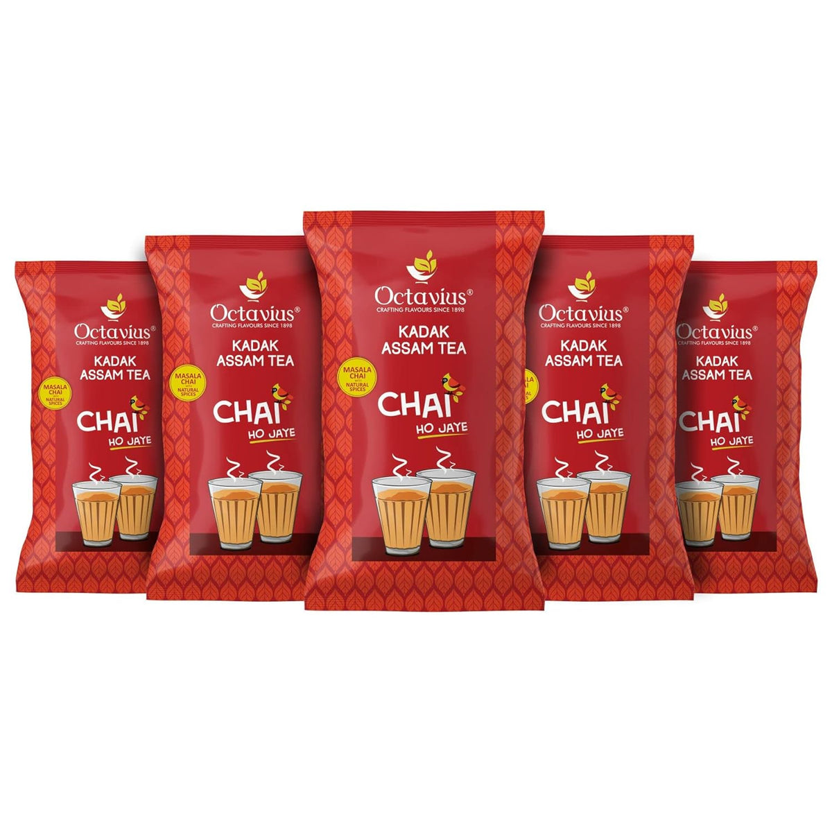 Octavius Kadak Masala Assam Tea - Pack Of 5 X 1 Kg, 35.2 Ounce Each | Garden Fresh Extra Strong Assam Tea - Kadak Chai Patti | Caffeine Free Refreshing Spiced Chai Patti