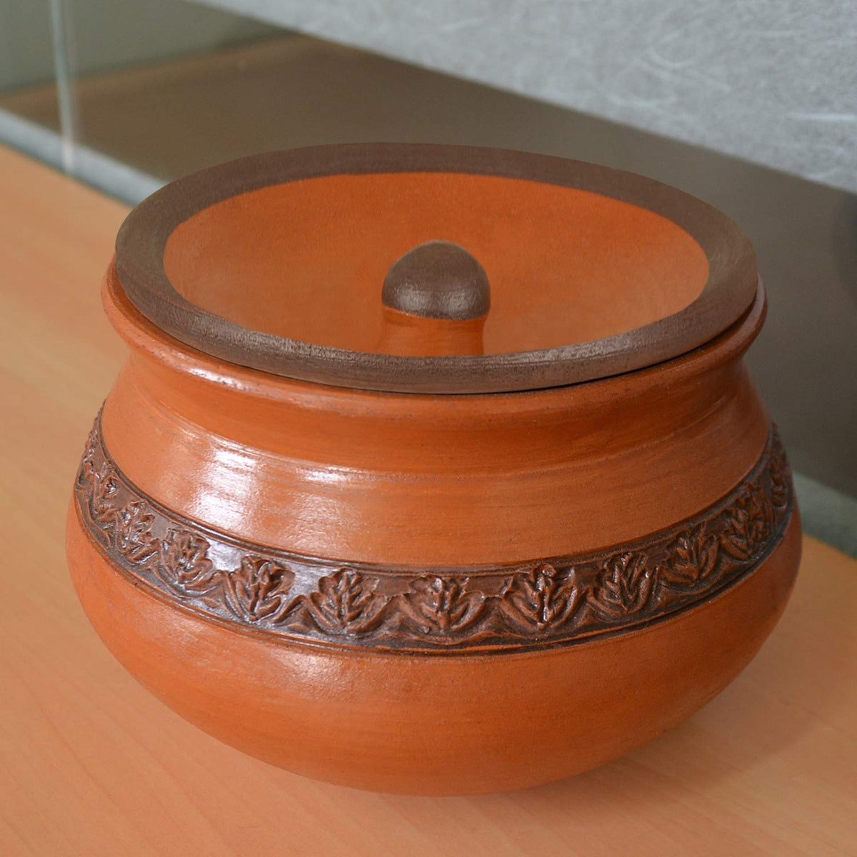 Handcrafted Ornately Designed Earthenware Handi With Lid - Brown, 1.25 Liters | Clay Dahi Handi - Cooking & Serving Pot