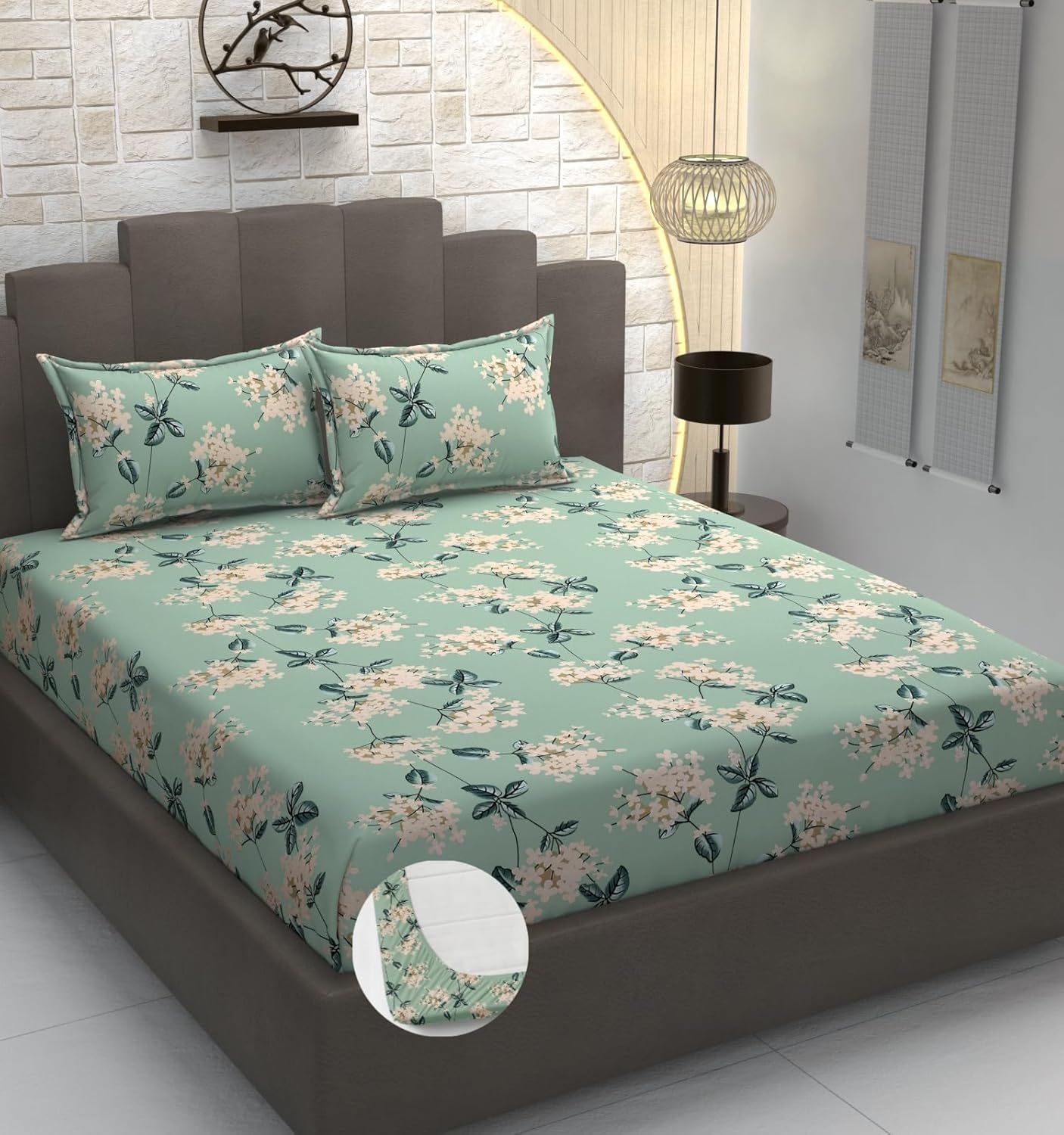 Elastic Fitted Double Bedsheets For King Size With 2 Pillow Covers - 72 X 78 X 10 Inches, Pista Green | Premium Heavy Cotton All Around Elastic Fitted | Ideal For Hotel, Home, Bedroom