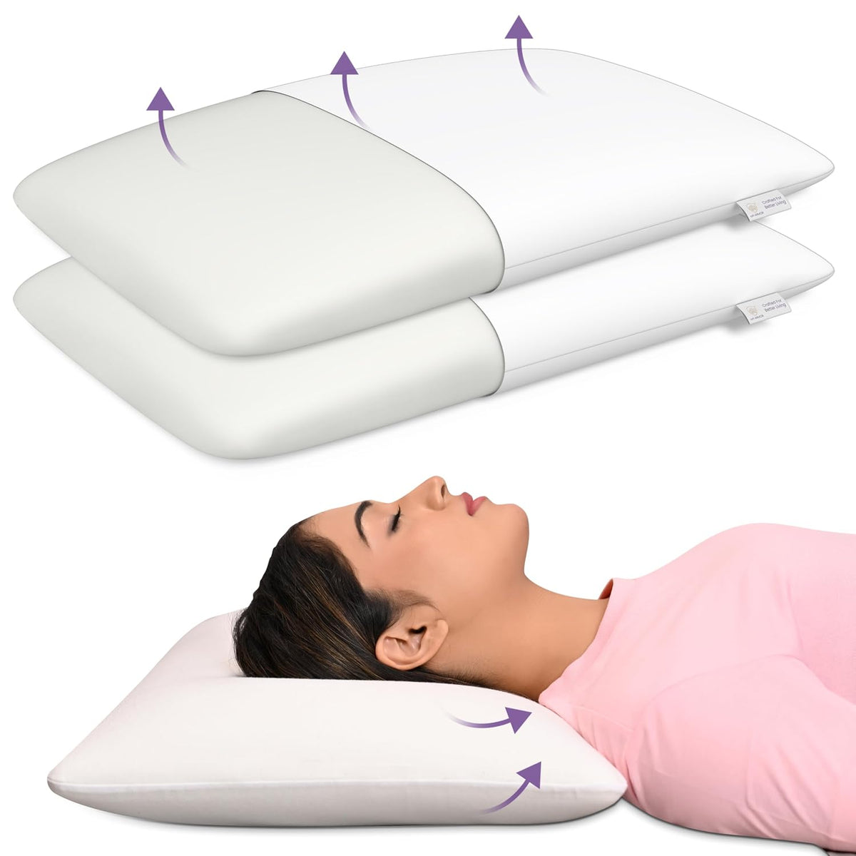 Memory Foam Pillow For Neck Pain & Shoulder Pain, Thin Size - 4 Inches Thick | Orthopedic Pillow For Sleeping, Without Cover, Lightweight, Adjustable, Portable | Neck Support - Pack Of 2