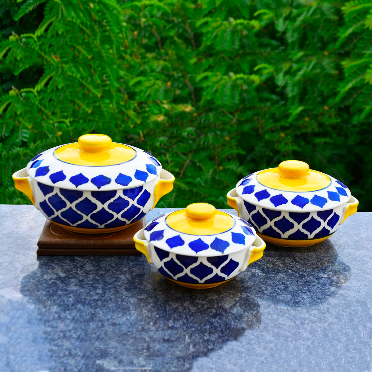 Hand Painted Large Ceramic Serving Donga Set With Lid & Handle Set Of 3 - Blue & Yellow, 1200ml, 1000ml & 800ml | Casserole Set - Dinner Serving Bowls With Lid