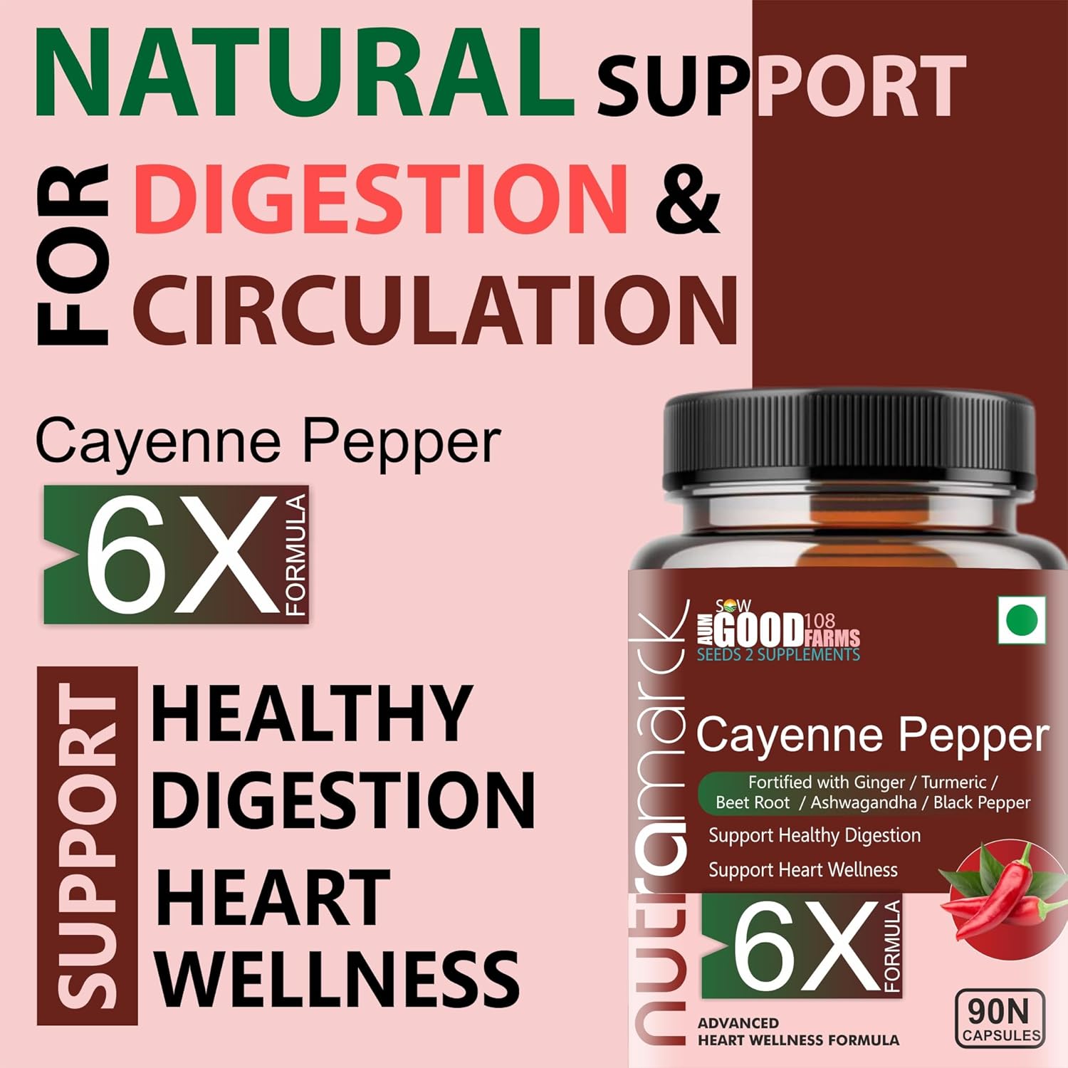 Nutramarck's All - Natural Plant Based 6x Cayenne Pepper Capsules For Healthy Heart | Support Metabolism, Digestion, Circulation, Immunity & Joints | 90 Capsules 150gm 0.3lbs
