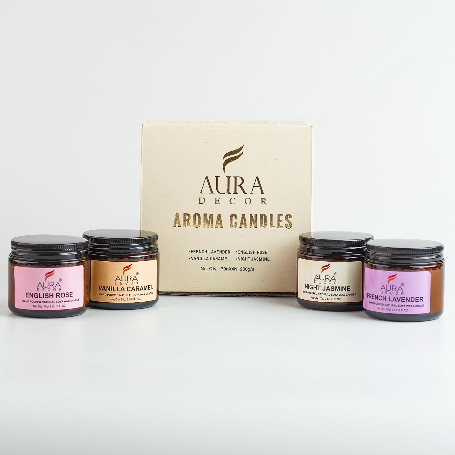 ENGLISH ROSE,VANILLA CARAMEL, NIGHT JASMINE,FRENCH LAVENDER JAR CANDLES SET OF 4