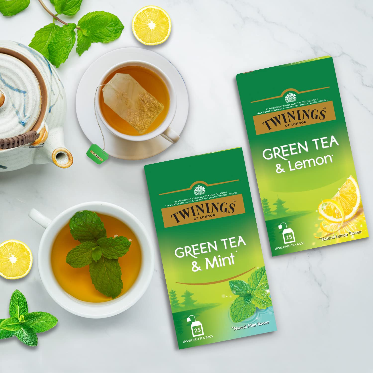 Twinings Green Tea Super Saver Combo Pack Of 2 - Green Tea & Mint + Green Tea & Lemon, 50 Enveloped Tea Bags | High Caffeine