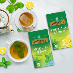Twinings Green Tea Super Saver Combo Pack Of 2 - Green Tea & Mint + Green Tea & Lemon, 50 Enveloped Tea Bags | High Caffeine