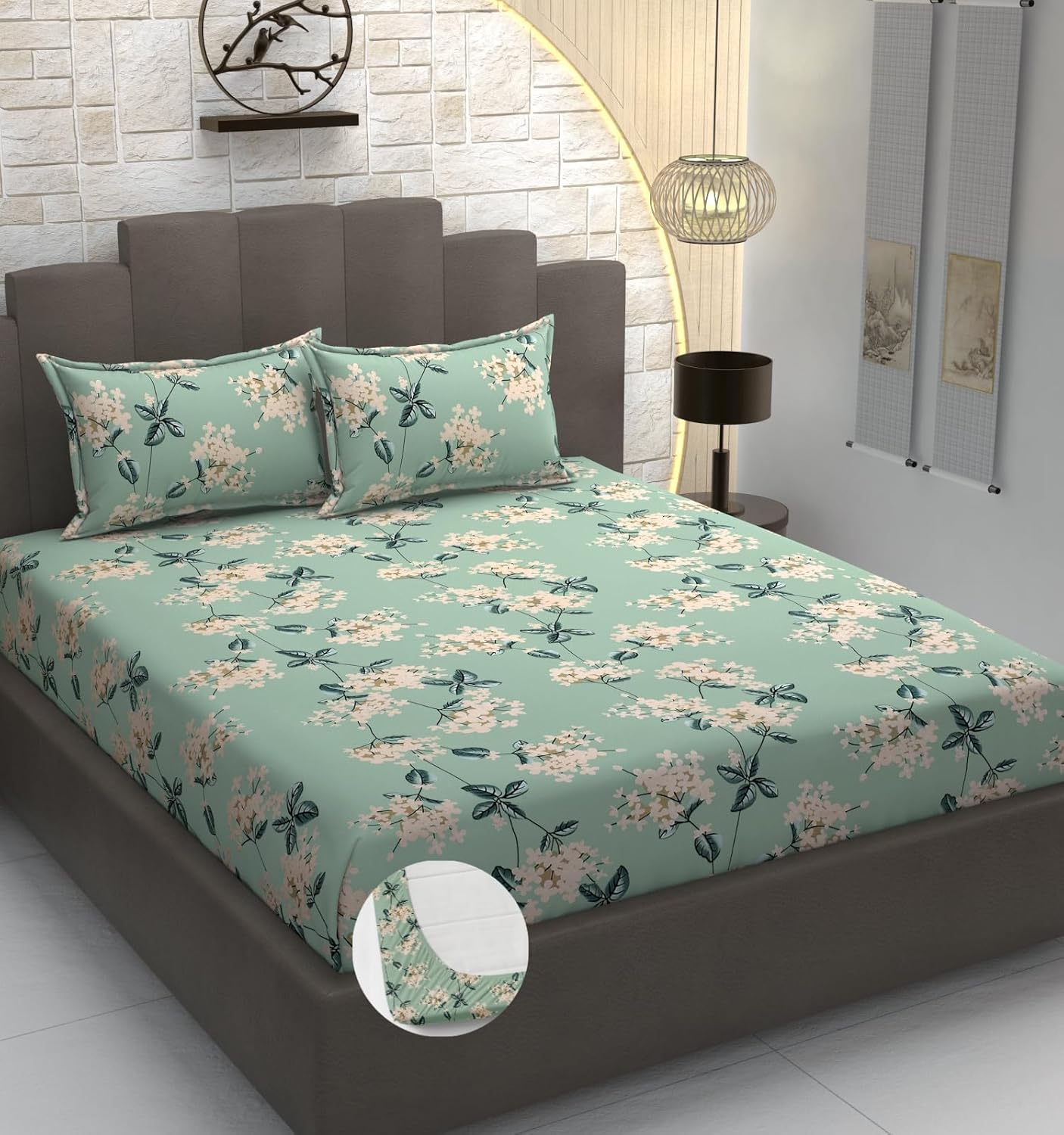 Double Bedsheet For Queen Size With Tow Pillow Cover - 72 X 72 Inches, Pista Green | All Around Elastic Fitted Breathable & Durable, Soft Touch & Perfect For All Seasons