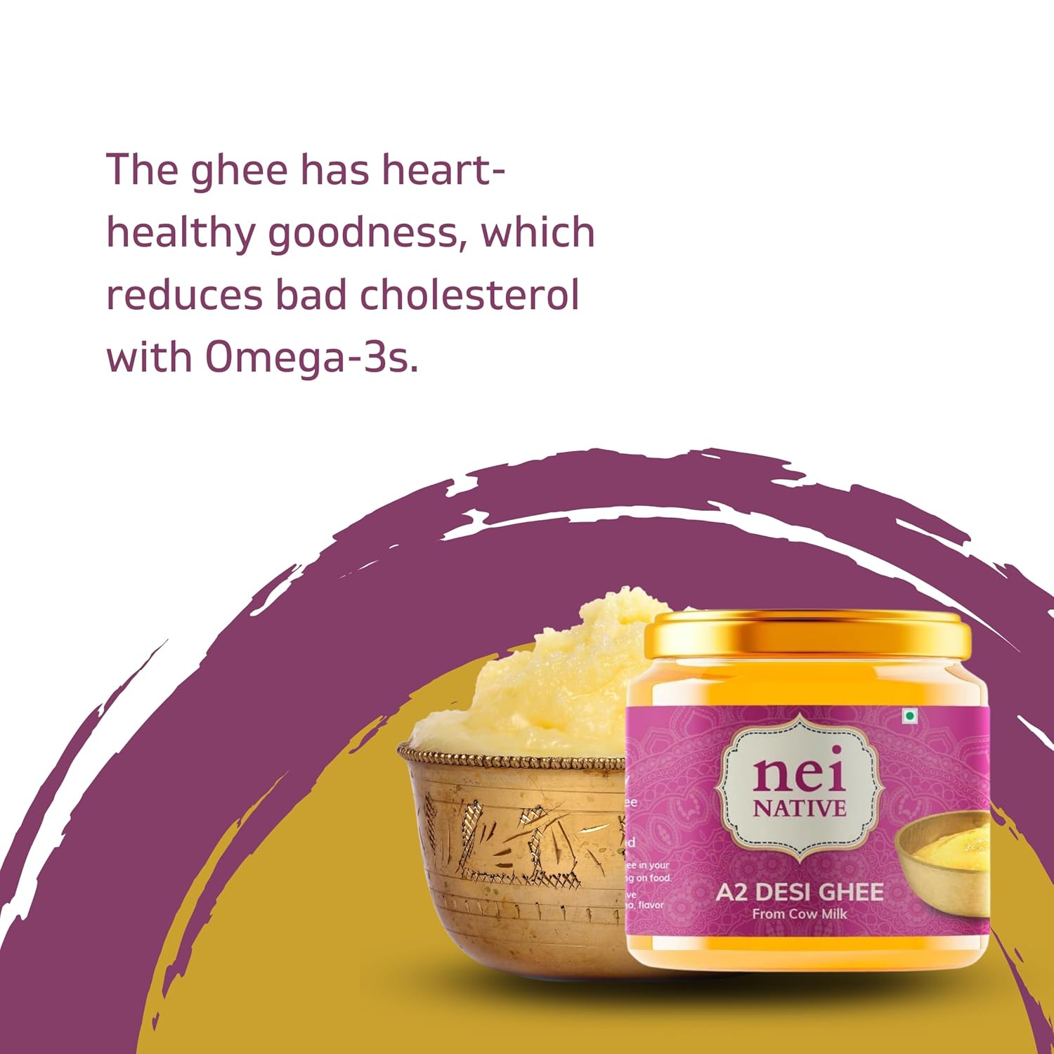 Pure Premium A2 Desi Ghee By Nei Native | Pure Bilona Method Homemade Cow Desi Ghee Good For Skin & Hair | (250ml) 8.4 Ounce | Jar Pack