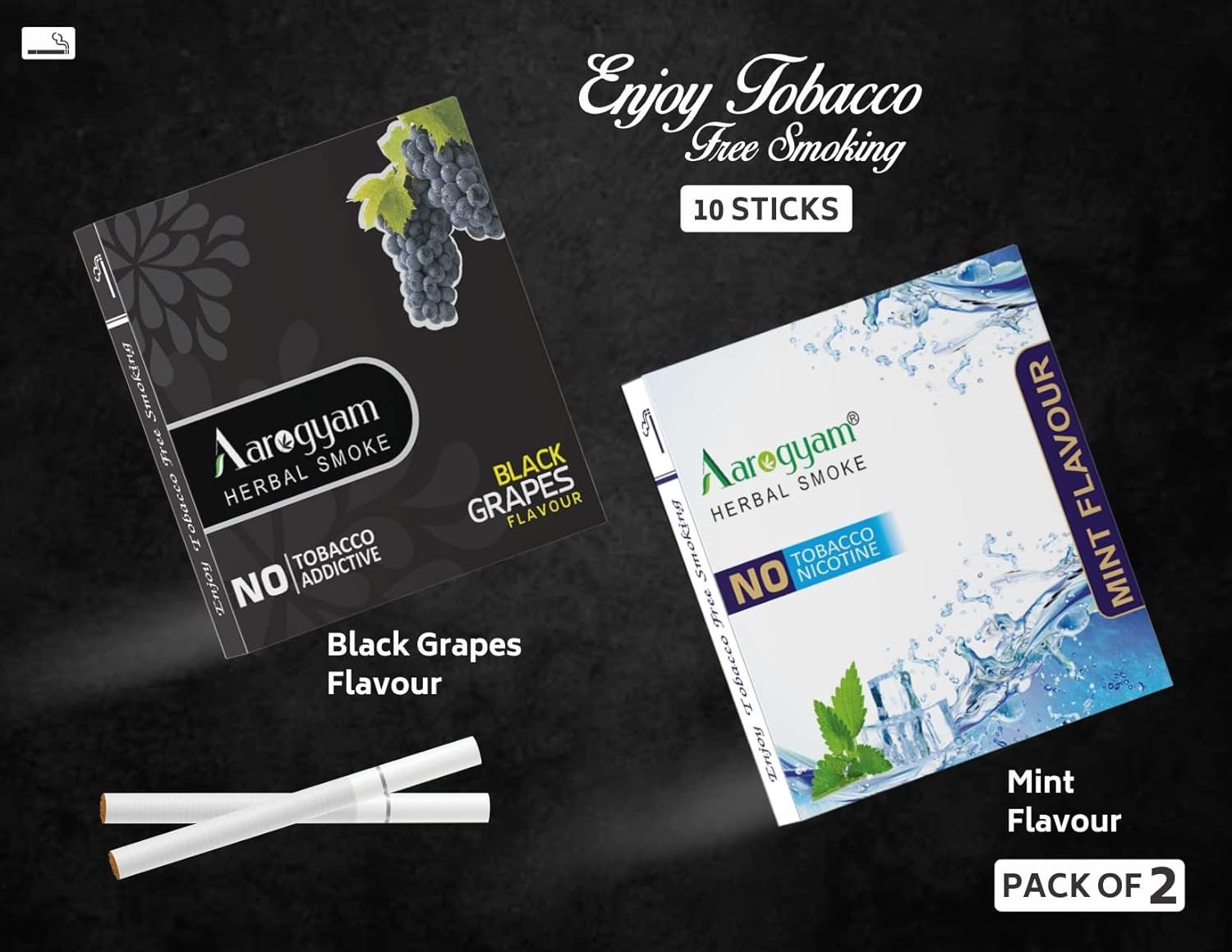 Mint & Black Grapes Flavored Cigarette For Relieve Stress & Mood Enhance - 10 Sticks X 2 Packets | No Bad Smell, Non Addictive, No Harmful - Tobacco & Nicotine Free