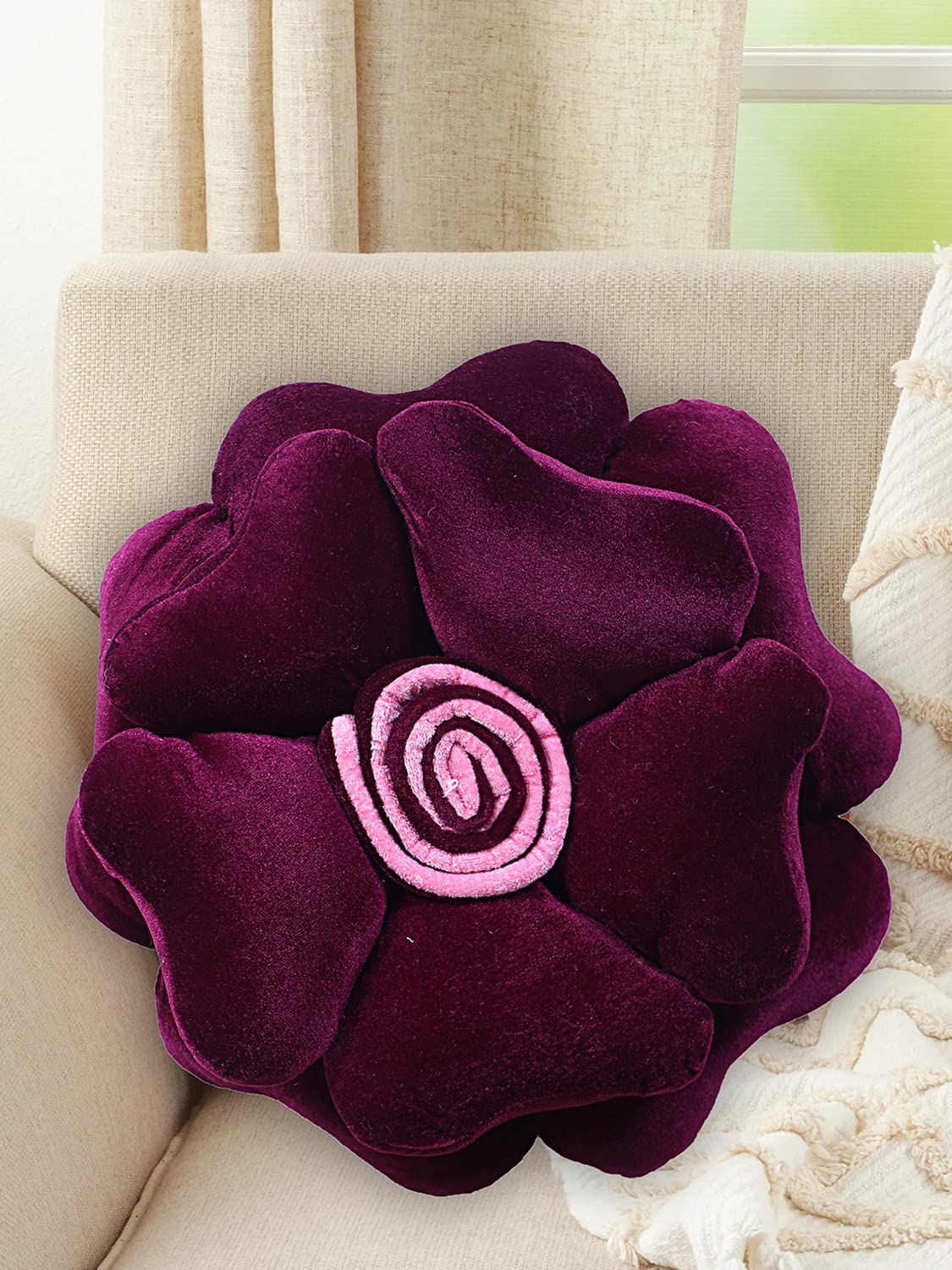 Rose Flower Shaped Pair Cushion Pillow, Soft & Decorative Cushions, Purple - 16 Inch | For Living Room, Bed, Sofa, Seating Area | Furniture Cushion, Perfect For Home Décor - Pack Of 2