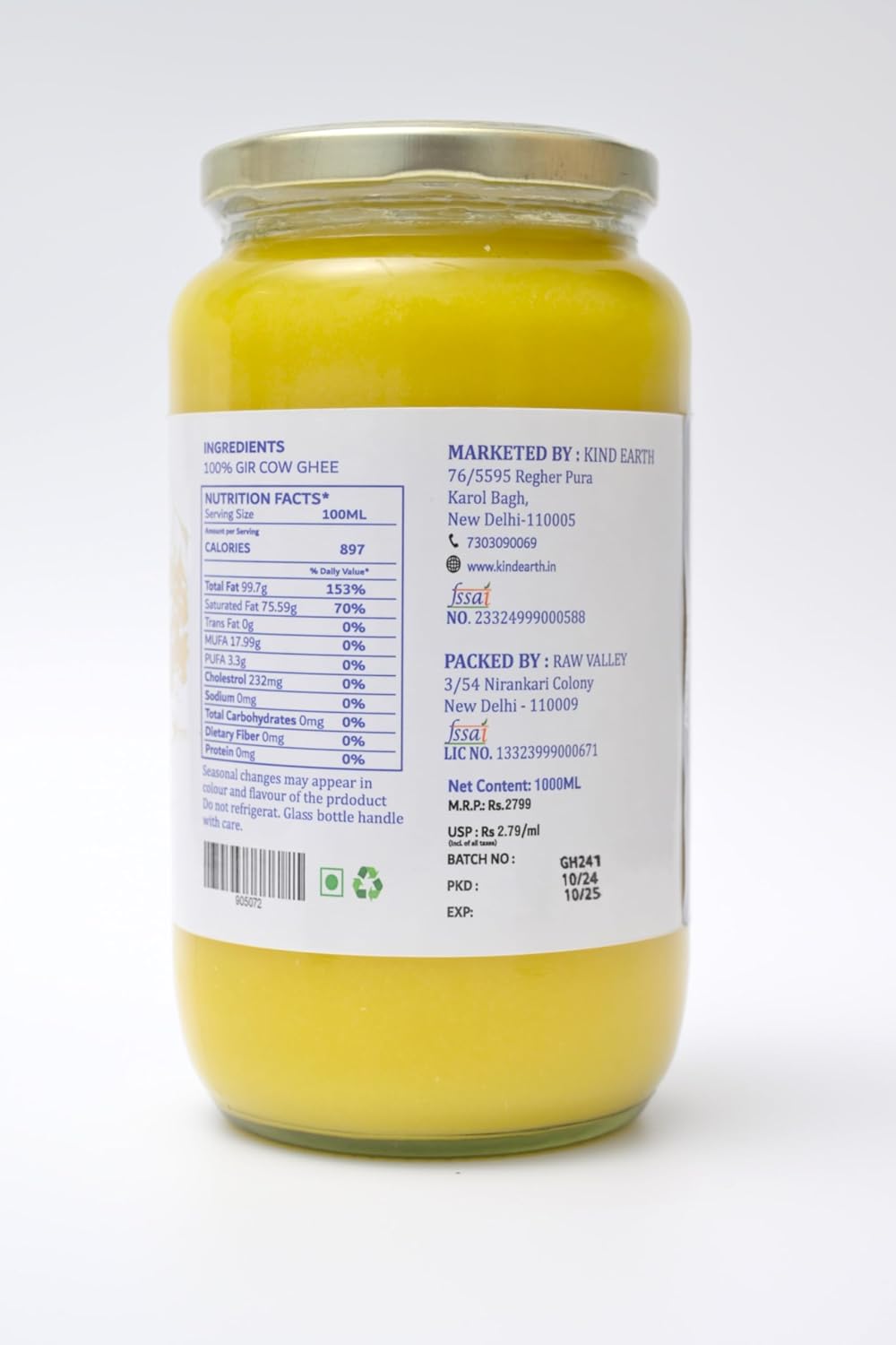 Premium A2 Gir Cow Ghee By Kind Earth | Traditional Bilona Method Curd Churned Pure Desi Ghee Good For Health | 2 Litre (1 Litr * 2) 67.6 Ounce