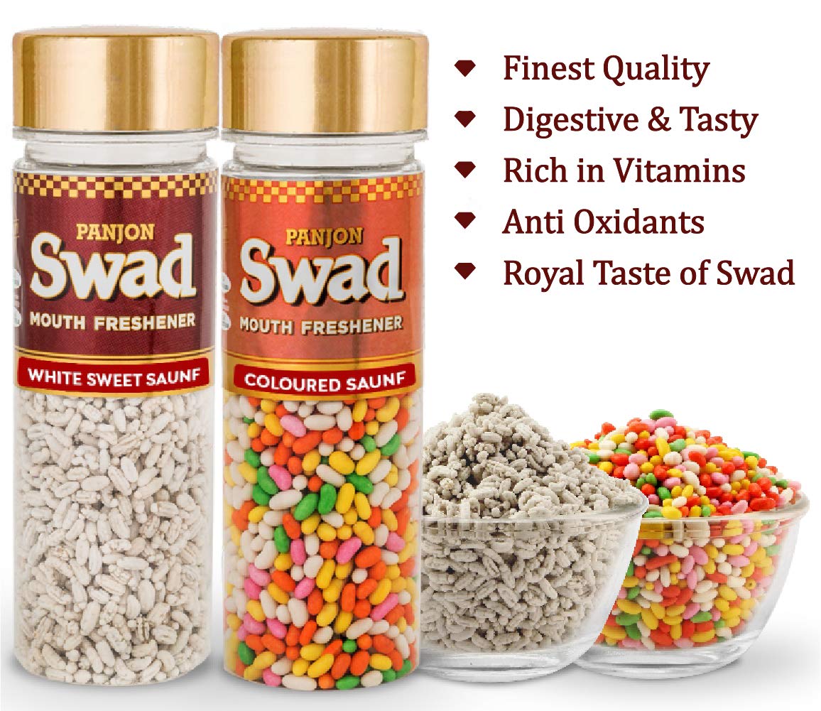 Panjon Swad White Sweet Saunf & Coloured Saunf Mouth Freshener 300gm, (150gm *2 Bottles)