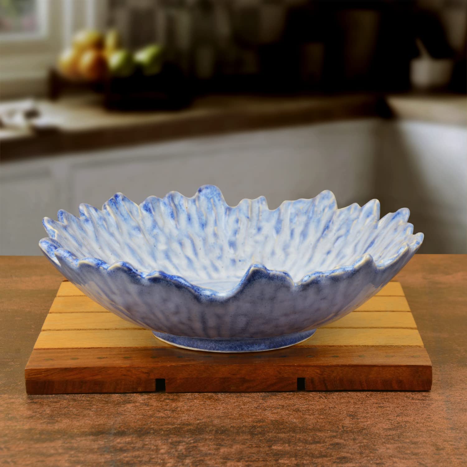 Studio Pottery Artistic Ceramic Serving Bowl With Cutwork Design - Sky Blue, 20.5 Cm, 500ml | Snack Serving Bowl - Pasta Serving Bowl